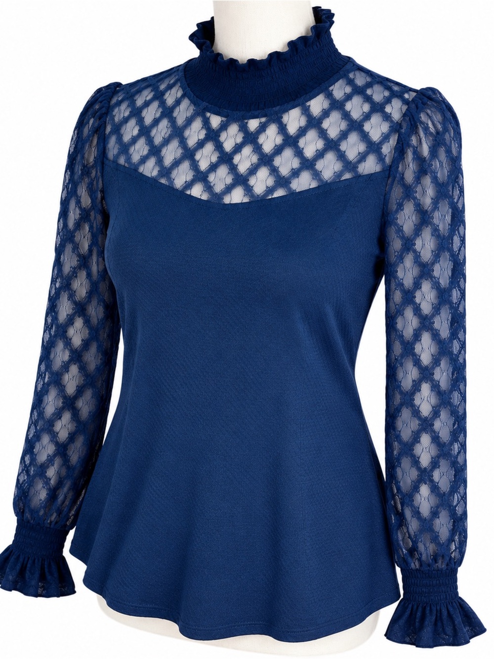 NWOT Navy Blue Sheer Sleeve Waffle Knit Top, Sz M